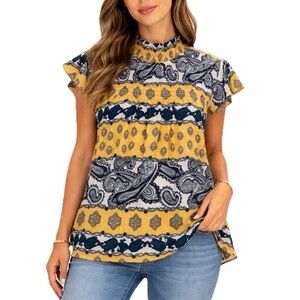 Charmed By Eve Paisley Boho Blouse Womens M Yellow Flutter Sleeve Mock Neck NWT